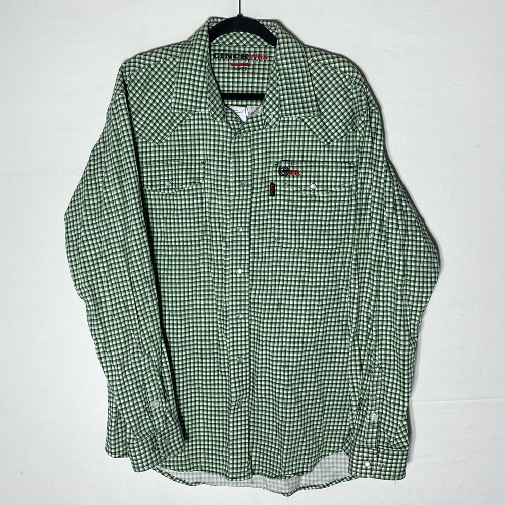 Cinch WRX Flame Resistant Green White Plaid Long Sleeve Button Up Shirt L